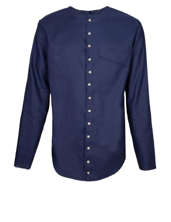 Oversized Blue Linen-Blend Shirt with Embroidered Brown Logo & Raw-Cut Edges